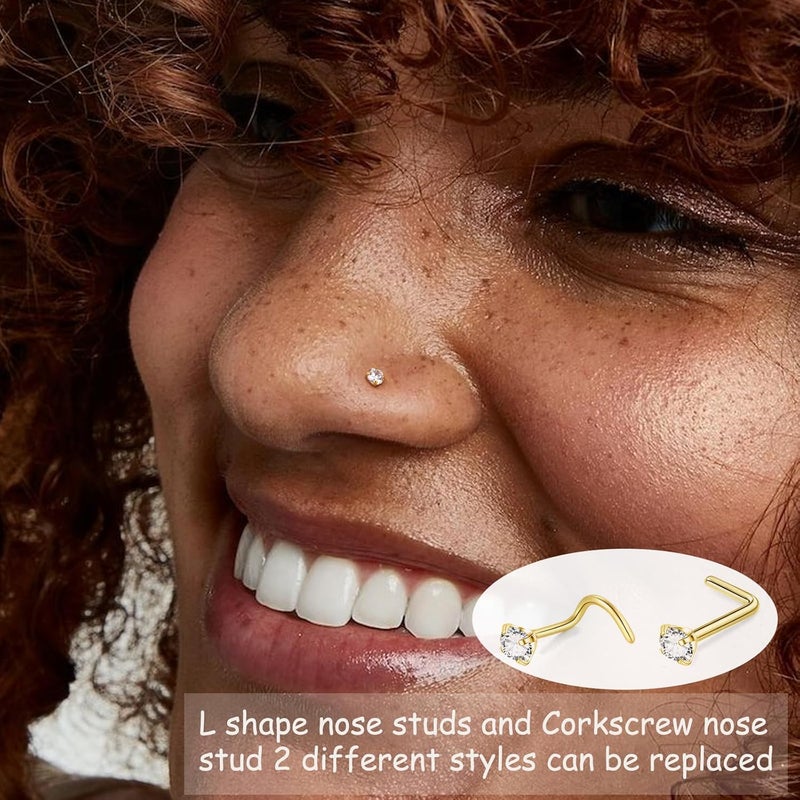 DALI 8PCS Titanium Nose Rings Stud, Gold Nose Ring for Women Men Hypoallergenic Nostril Hoops L Shape Nose Studs Corkscrew CZ Nose Piercing Jewelry Silver 18G & 20G Nose Ring Studs 2/2.5/3mm - Image 2